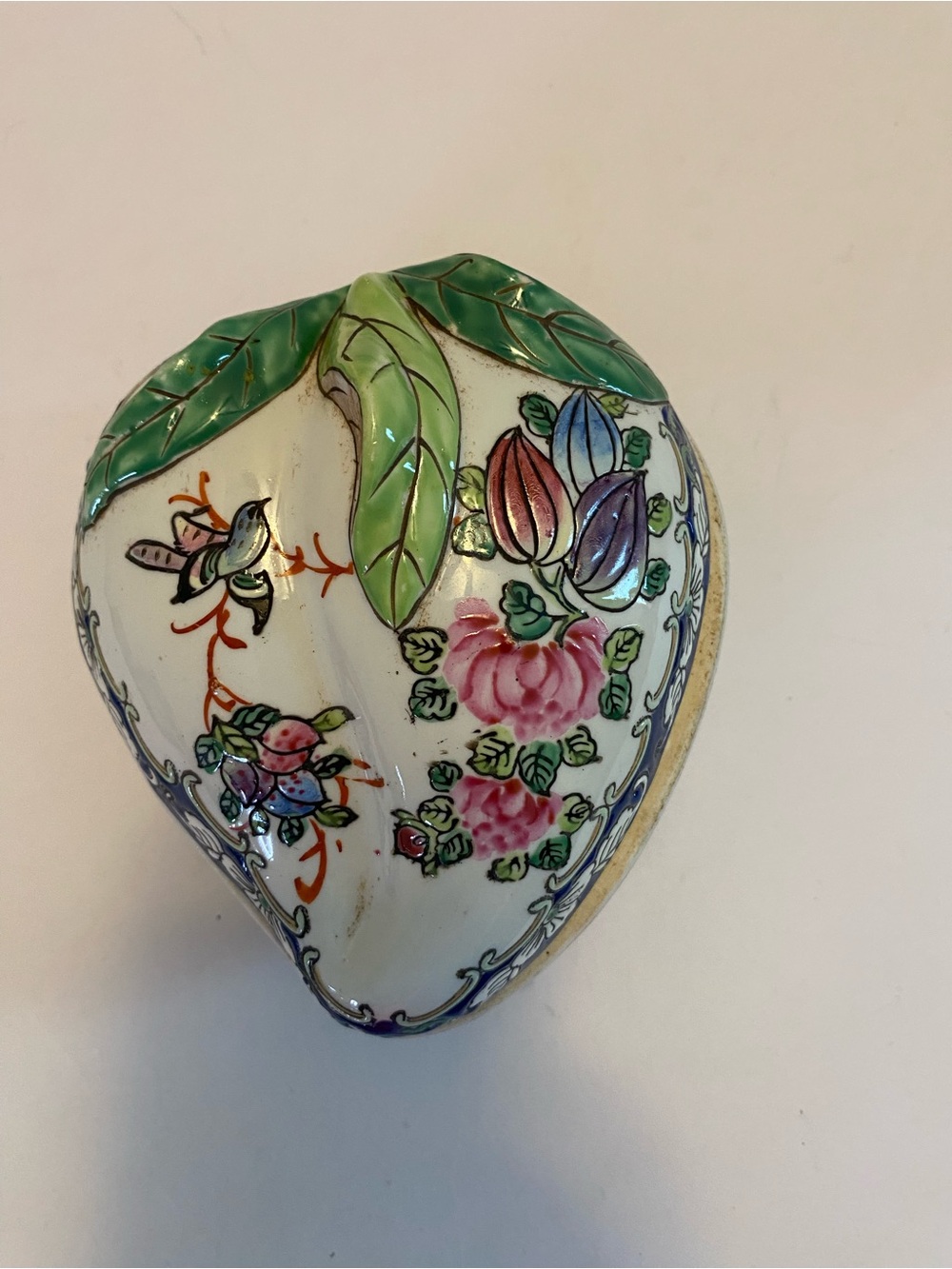 Vintage Chinese Famille Rose porcelain peach-shaped lidded trinket box